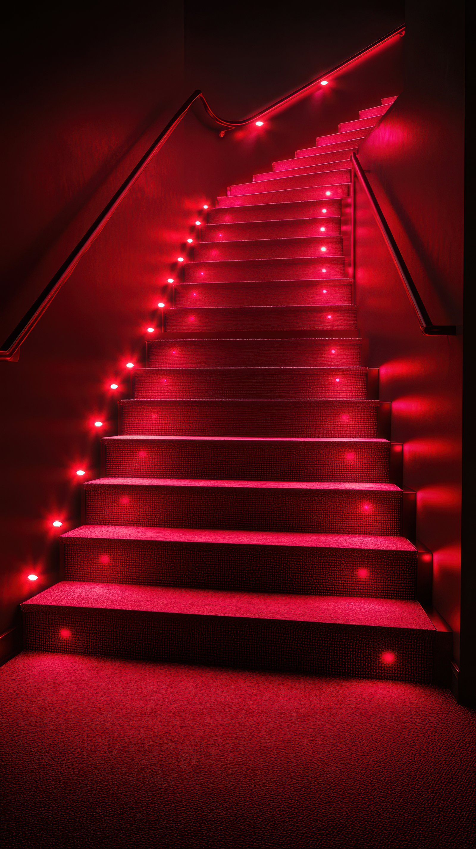 Illuminated red staircase leading to an unknown destination creates a dramatic atmosphere in a dimly lit hallway